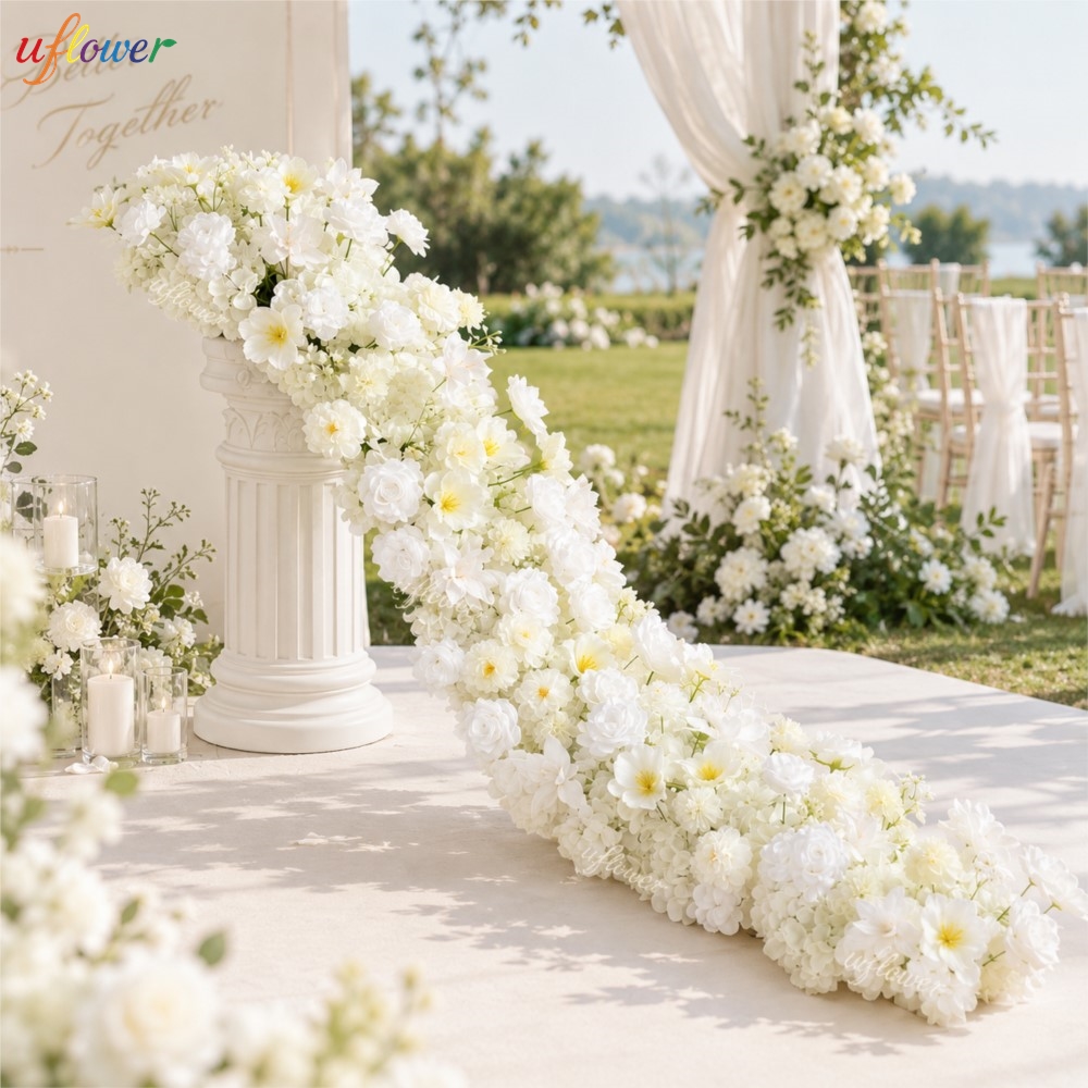 Table Runner - Uflower ดอกไม้ประดิษฐ์ ช่อดอกไม้กุหลาบขาวและไฮเดรนเยีย สำหรับตกแต่งโต๊ะกลาง ผ้าปูโซฟา และจัดดอกไม้สำหรับซุ้มแต่งงาน