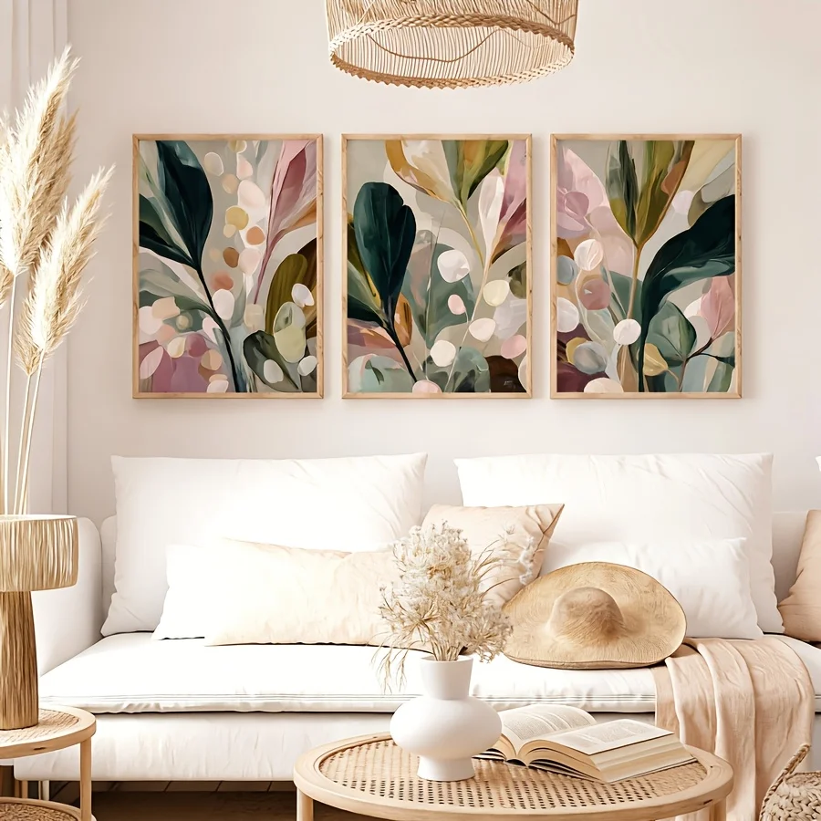 Abstract Canvas Set - ชุดภาพพิมพ์แคนวาส 3 ชิ้น ขนาดใหญ่ สไตล์โบฮีเมียน โทนสีเอิร์ธโทนกลางๆ