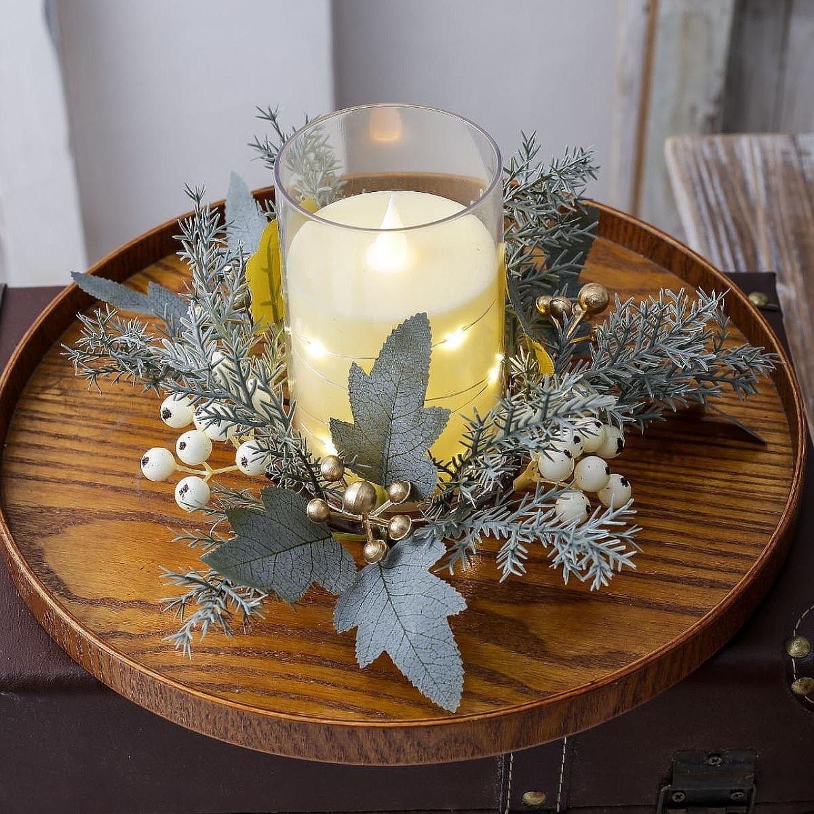 Candle Holder Decor - พวงมาลัยเทียนดอกไม้ประดิษฐ์ทำมือ สำหรับตกแต่งโต๊ะในช่วงเทศกาล พวงมาลัยวงแหวน PP สำหรับวางเทียนและตกแต่งหิ้งเตาผิง