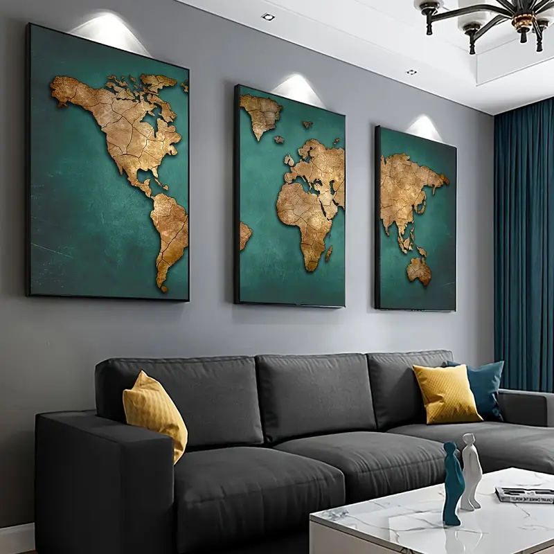 Abstract Canvas Set - แผนที่โลกย้อนยุค 3 ชิ้น/ชุด โปสเตอร์ผ้าแคนวาส ของตกแต่งผนังสไตล์นอร์ดิก ภาพวาดบนผ้าแคนวาส