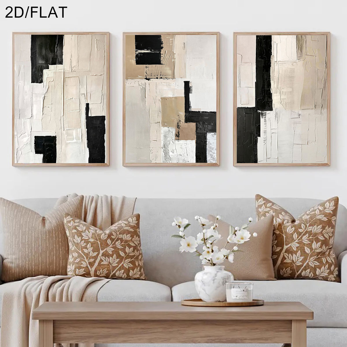 Abstract Canvas Set - ภาพโปสเตอร์ผ้าแคนวาสแบบไม่มีกรอบ 3 ชิ้น/ชุด สีเบจและดำ สไตล์โมเดิร์น -