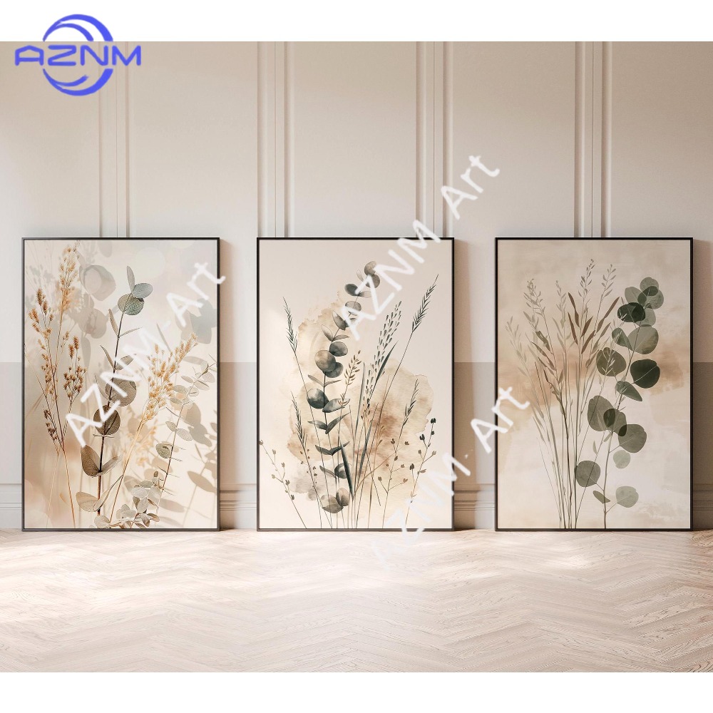 Abstract Canvas Set - 1/3 ชิ้น，ชุดภาพศิลปะติดผนังลายพฤกษศาสตร์ 3 ชิ้น งานศิลปะกรอบรูป ภาพพิมพ์สไตล์มินิมอลโทนสีกลาง