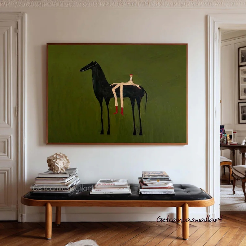 Interior Design Living Room - ภาพพิมพ์ศิลปะนามธรรมสมัยใหม่ลายม้าตะวันตกและรูปคน ภาพวาดบนผ้าใบ โปสเตอร์ สำหรับตกแต่งห้องนั่งเล่น ห้องนอน และบ้าน