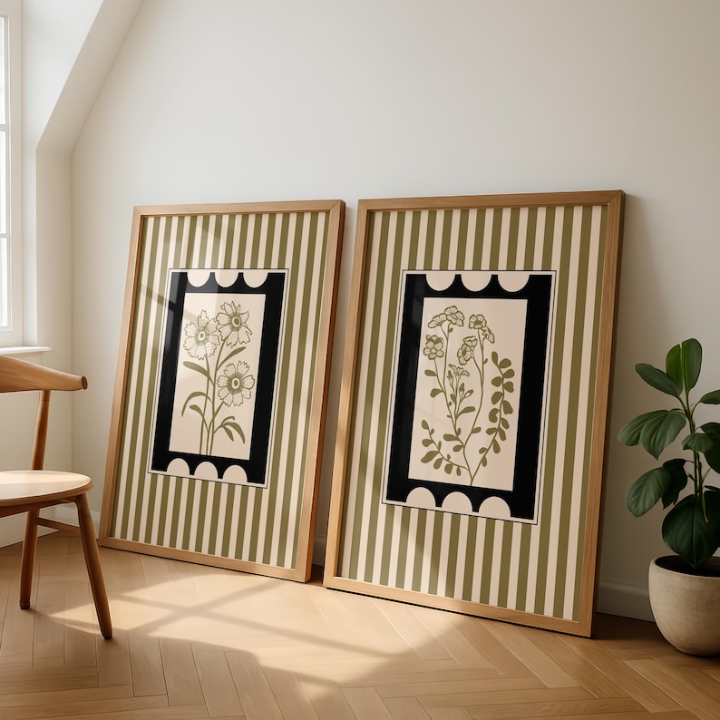 Abstract Canvas Set - ภาพพิมพ์บนผ้าใบลายดอกไม้สไตล์โบฮีเมียน 2 ชิ้น/ชุด ลายทางมินิมอลสไตล์ค็อตเทจคอร์ สำหรับตกแต่งบ้านสมัยใหม่